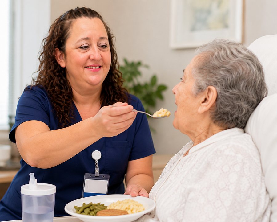 Yaime feeding a patient a warm meal at the bedside